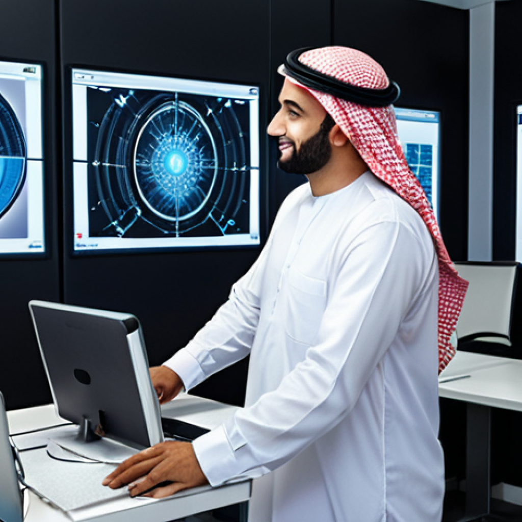 **Prompt:** A dynamic and modern scene within a sophisticated Arab business office, vividly illustrating the impact of digital transformation. Robotic Process Automation (RPA) is subtly represented by glowing, interconnected data streams and virtual interfaces that streamline repetitive tasks like data entry and invoice processing. In the foreground, well-dressed Arab professionals are seen collaborating and engaging in strategic discussions, their faces reflecting increased productivity, innovation, and a sense of relief from manual burdens. The overall atmosphere should be one of futuristic efficiency, significant cost reduction, and optimized human potential in a clean, high-tech environment.