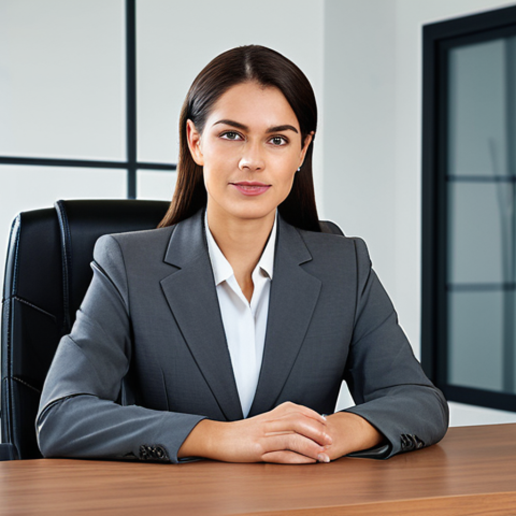 **

A professional businesswoman in a modest business suit, sitting at a desk in a modern office, fully clothed, appropriate attire, safe for work, perfect anatomy, natural proportions, professional photography, high quality

**