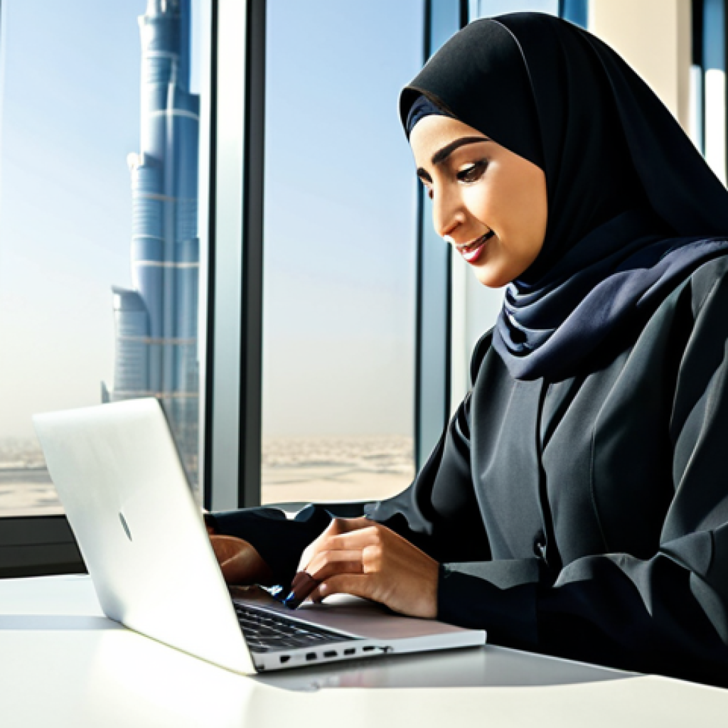 **

"A professional Arab businesswoman in a modest, elegant abaya and hijab, working on a laptop in a modern, sunlit office in Dubai, with the Burj Khalifa visible through the window. Safe for work, appropriate content, fully clothed, professional attire, perfect anatomy, correct proportions, high quality."

**