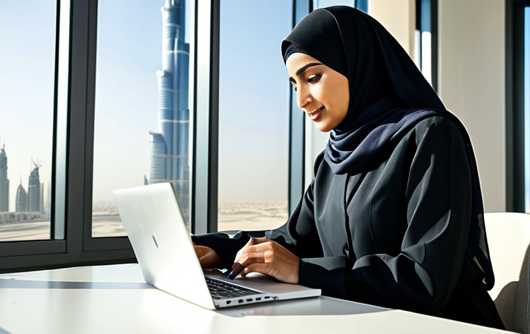 **

"A professional Arab businesswoman in a modest, elegant abaya and hijab, working on a laptop in a modern, sunlit office in Dubai, with the Burj Khalifa visible through the window. Safe for work, appropriate content, fully clothed, professional attire, perfect anatomy, correct proportions, high quality."

**