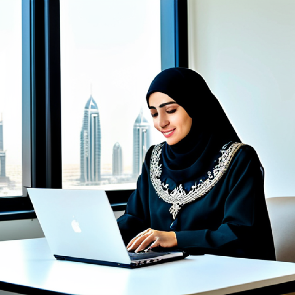 **

"A professional Arab businesswoman in a modest, tailored abaya with subtle, elegant embroidery, working on a laptop in a bright, modern office in Dubai, UAE. The office features Arabic calligraphy art on the walls and overlooks the city skyline. Fully clothed, appropriate attire, safe for work, perfect anatomy, natural proportions, professional photography, high quality, family-friendly."

**