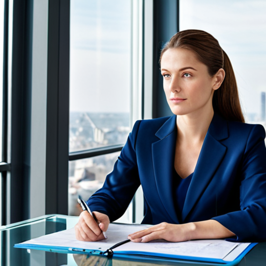 **

A professional businesswoman in a modest navy blue business suit, sitting confidently at a modern glass desk in a bright, spacious office overlooking a cityscape. She is reviewing financial reports. Fully clothed, appropriate attire, safe for work, perfect anatomy, natural proportions, professional photography, high quality, family-friendly.

**