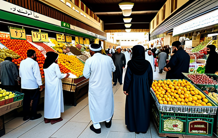 **Prompt:** A busy Middle Eastern marketplace, vendors displaying goods with prominent price tags (in Arabic numerals), diverse shoppers browsing, focus on a fruit stand with attractive pricing. safe for work, appropriate content, fully clothed, family-friendly, professional photography, perfect anatomy, natural proportions.