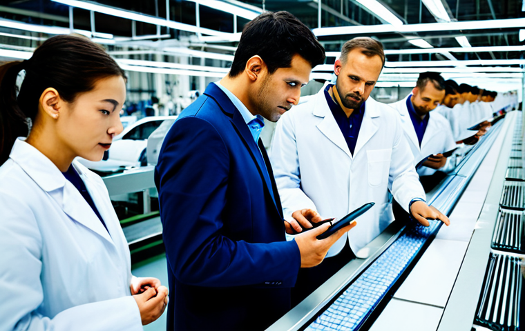 생산 관리 이론 - Production Line Analysis**

"A team of professionals analyzing a modern production line, fully cloth...