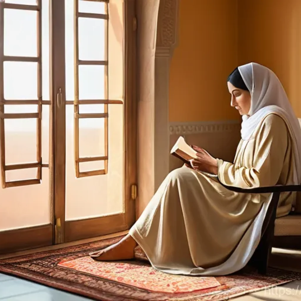생산성 향상 - **"A serene early morning scene in a tastefully decorated Arab home. A young woman, dressed in comfo...