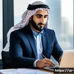 재무 회계 - A professional Middle Eastern entrepreneur in a modern office setting, meticulously organizing detai...