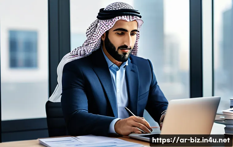 재무 회계 - A professional Middle Eastern entrepreneur in a modern office setting, meticulously organizing detai...