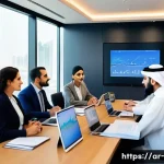 직원 동기 부여 - A vibrant modern Arab office setting with diverse Middle Eastern professionals engaged in an open di...