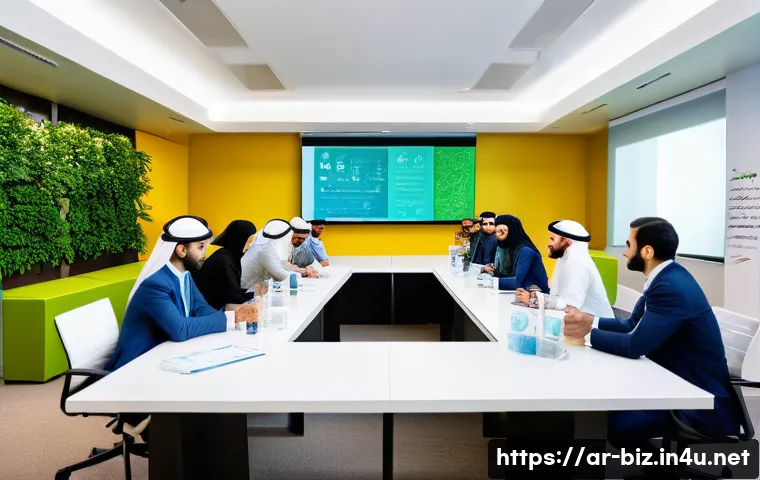 환경 경영 - A modern corporate office environment in a Middle Eastern city, featuring diverse employees engaged ...