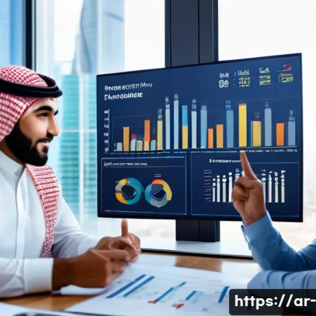 SWOT 분석 - A modern Arab business team in a sleek office environment, collaboratively analyzing a detailed SWOT...