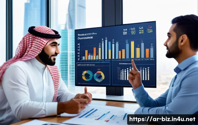 SWOT 분석 - A modern Arab business team in a sleek office environment, collaboratively analyzing a detailed SWOT...