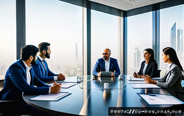 조직 변화 관리 - A modern office environment in a Middle Eastern corporate setting, featuring diverse Arabic-speaking...