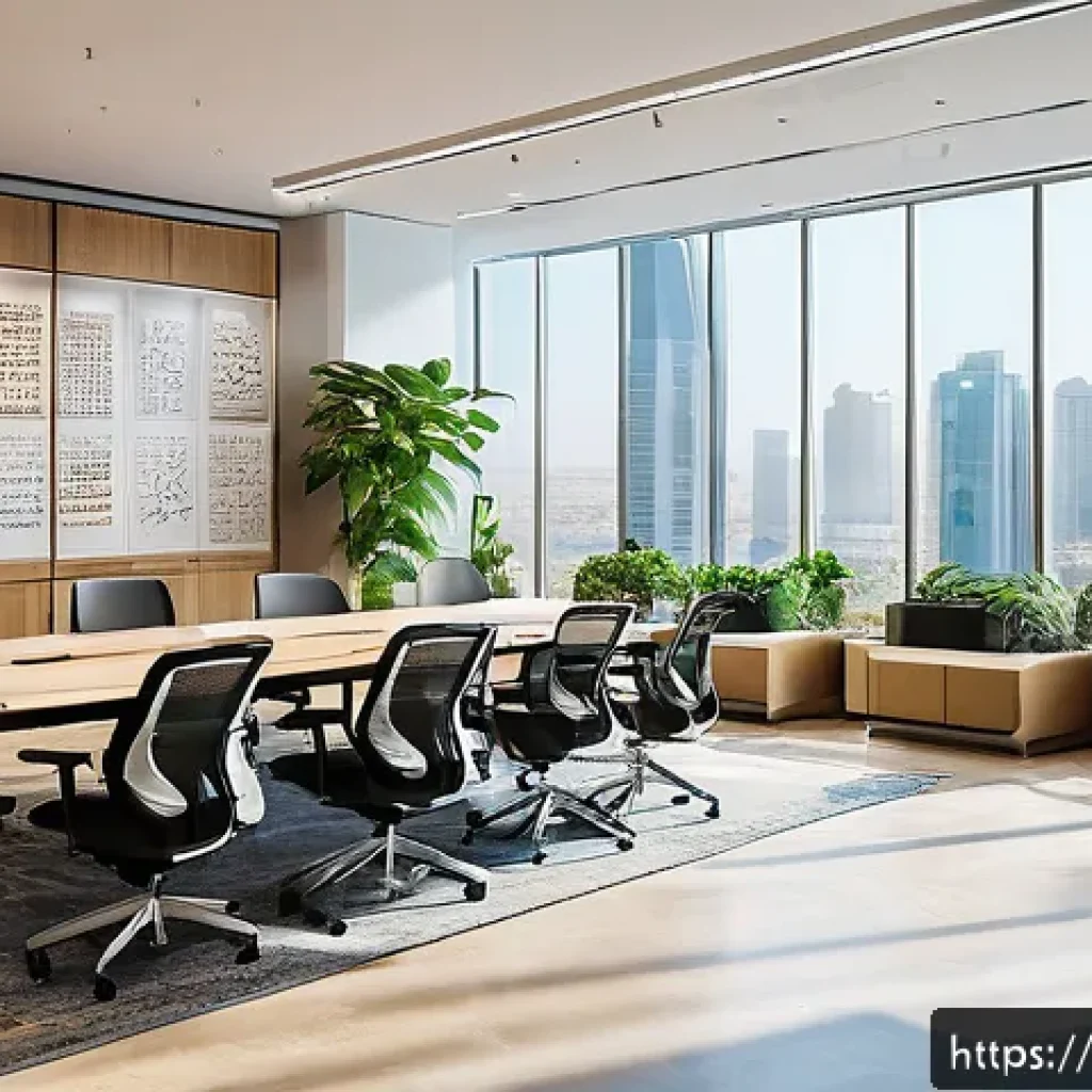 기업 혁신 전략 - A modern Arab office environment with a diverse team of professionals collaborating around a large o...
