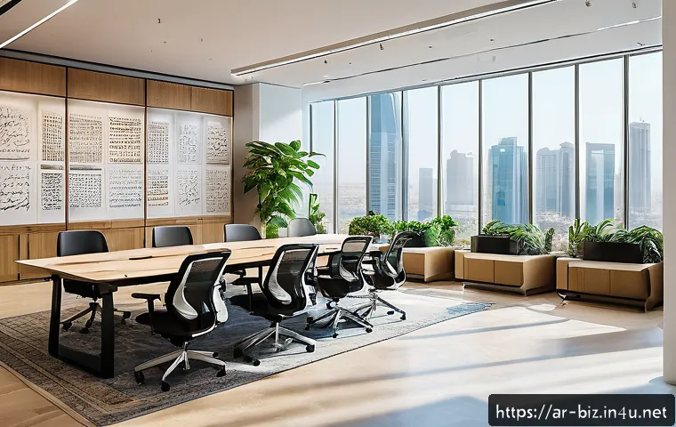 기업 혁신 전략 - A modern Arab office environment with a diverse team of professionals collaborating around a large o...