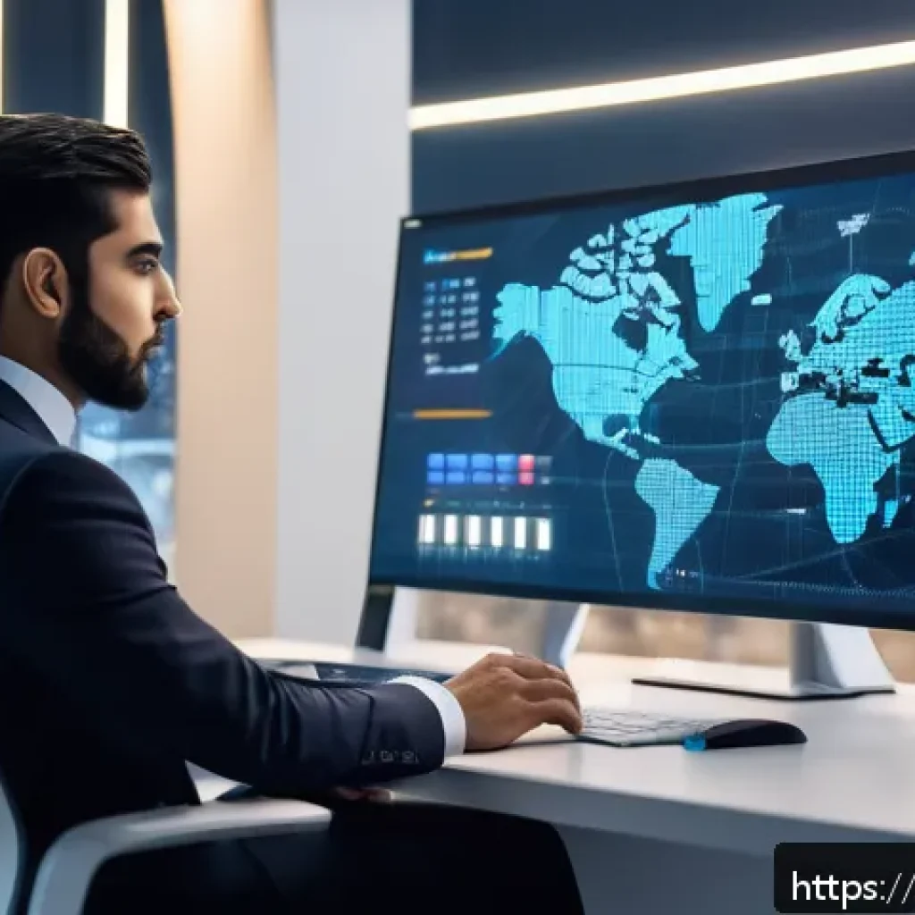 운영 시스템 혁신 - A futuristic workspace scene showcasing a sleek computer setup with an advanced operating system int...