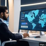 운영 시스템 혁신 - A futuristic workspace scene showcasing a sleek computer setup with an advanced operating system int...