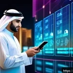 핀테크 혁명 - A modern Arab cityscape at dusk featuring diverse young professionals using smartphones and tablets,...
