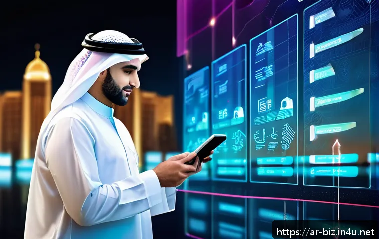 핀테크 혁명 - A modern Arab cityscape at dusk featuring diverse young professionals using smartphones and tablets,...
