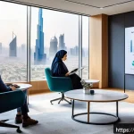 경영학 선택 과목 - A modern Arab business office scene featuring a diverse team of professionals engaged in a digital a...