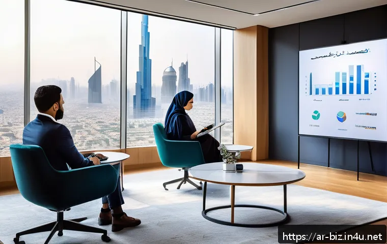 경영학 선택 과목 - A modern Arab business office scene featuring a diverse team of professionals engaged in a digital a...
