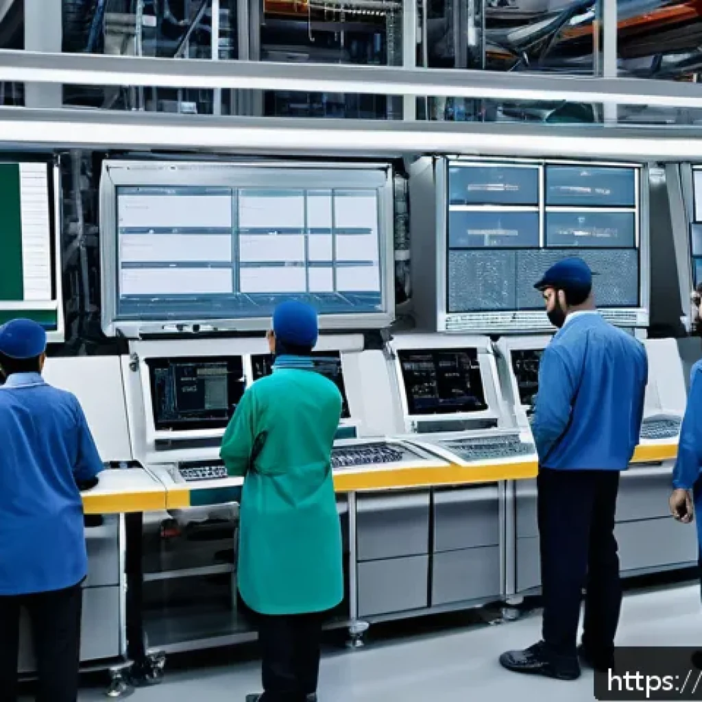 생산 능력 분석 - A detailed industrial factory scene illustrating the production workflow analysis for Arabic-speakin...