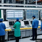 생산 능력 분석 - A detailed industrial factory scene illustrating the production workflow analysis for Arabic-speakin...
