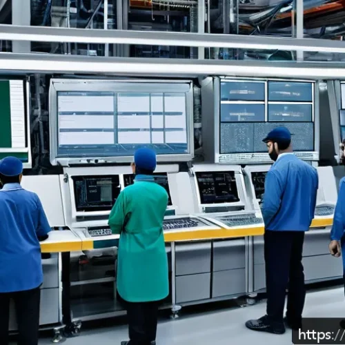 생산 능력 분석 - A detailed industrial factory scene illustrating the production workflow analysis for Arabic-speakin...