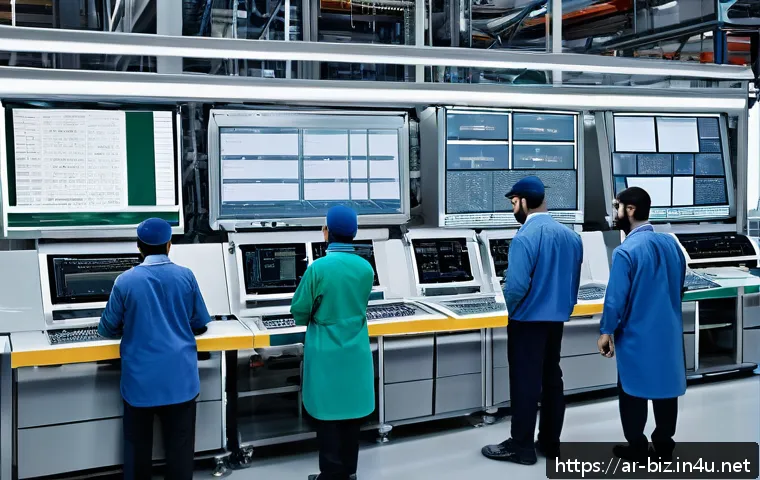 생산 능력 분석 - A detailed industrial factory scene illustrating the production workflow analysis for Arabic-speakin...
