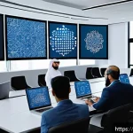 기업 성장 전략 - A modern Arab corporate office scene showcasing a diverse team of professionals engaged in a digital...