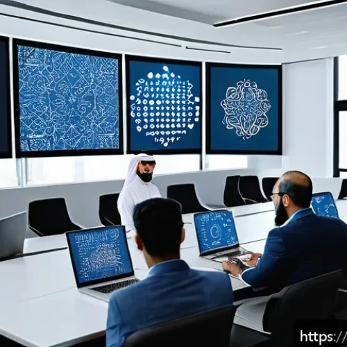 기업 성장 전략 - A modern Arab corporate office scene showcasing a diverse team of professionals engaged in a digital...