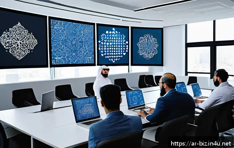 기업 성장 전략 - A modern Arab corporate office scene showcasing a diverse team of professionals engaged in a digital...