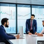 경영학과 경제학의 경계 - A modern Middle Eastern corporate office scene showing a diverse team of professional men and women ...