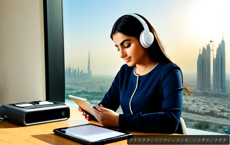 Home 17 생산성 향상 도구 - Photorealistic modern productivity workspace in a sunlit apartment in Dubai, Arab professional weari...
